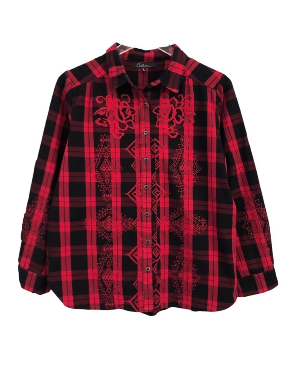 caleoas | Embroidered Red Black Plaid Button Up Shirt Medium Southwestern Boho